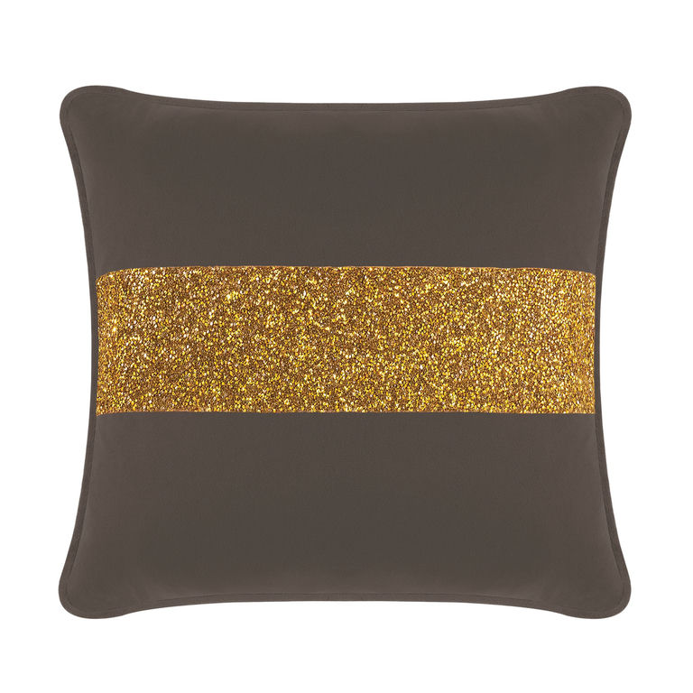Charcoal velvet pillow with a radiant rhinestone stripe across the center square shape soft texture.