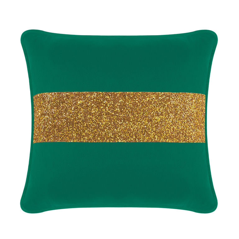 Emerald velvet pillow with a gold glitter stripe square shape plush texture and piped edges.