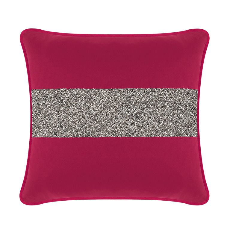 Fuchsia velvet pillow with a silver rhinestone stripe square shape soft texture and piped edges.