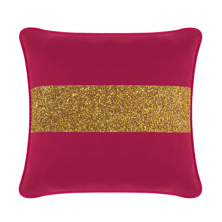 Fuchsia velvet pillow with a gold glitter stripe square shape featuring a smooth texture and piped edges.