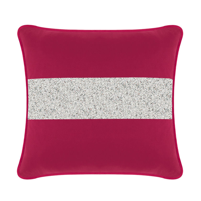 Fuchsia velvet pillow with a silver rhinestone stripe square shape and soft texture measuring 16x16 inches.