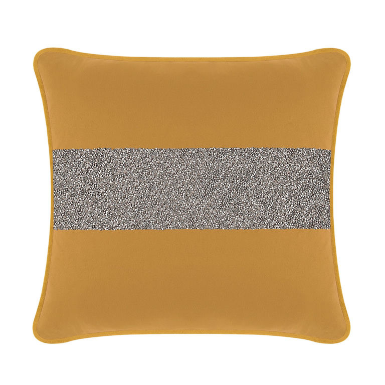 Gold velvet pillow with a gray rhinestone stripe square shape and a soft texture featuring a solid gold border.