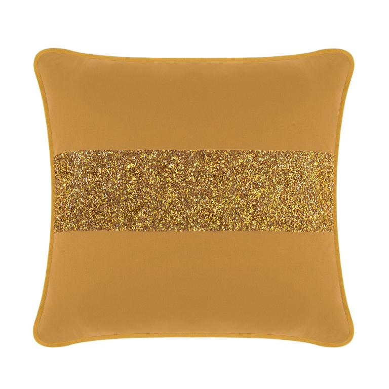 Gold velvet pillow with a wide gold rhinestone stripe square shape plush texture and piped edges.
