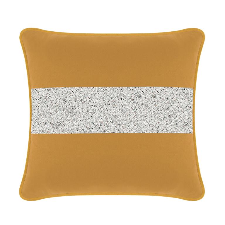 Gold&#x20;velvet&#x20;pillow&#x20;with&#x20;a&#x20;silver&#x20;rhinestone&#x20;stripe&#x20;square&#x20;shape&#x20;smooth&#x20;texture&#x20;and&#x20;piped&#x20;edges.
