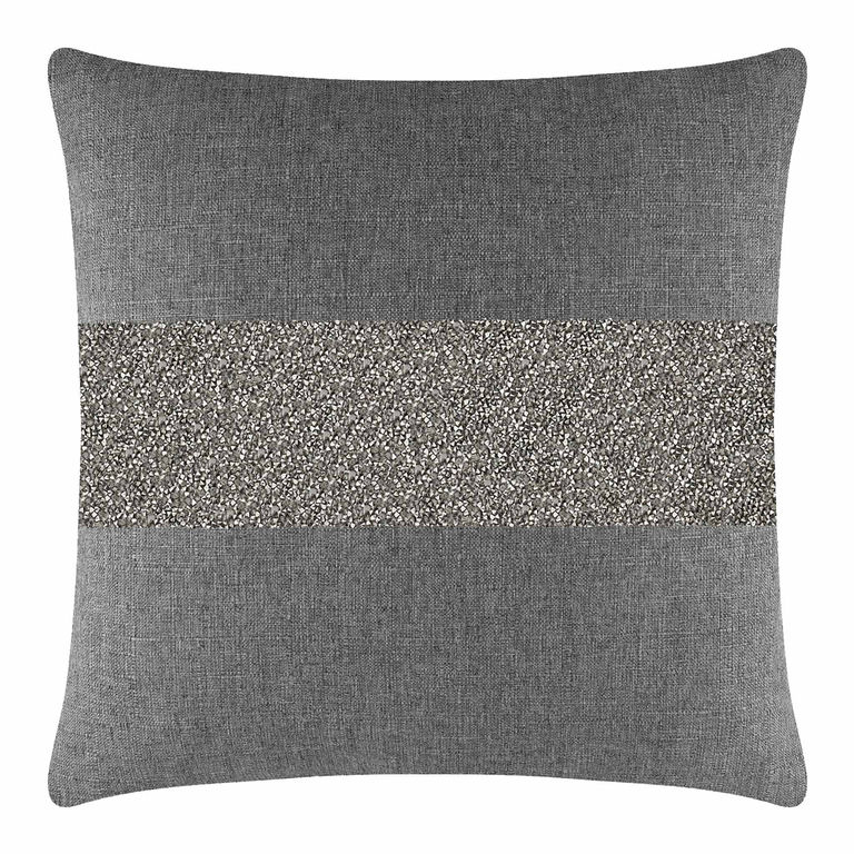 Gray woven pillow featuring a central radiant rhinestone stripe on a charcoal background with a soft texture.