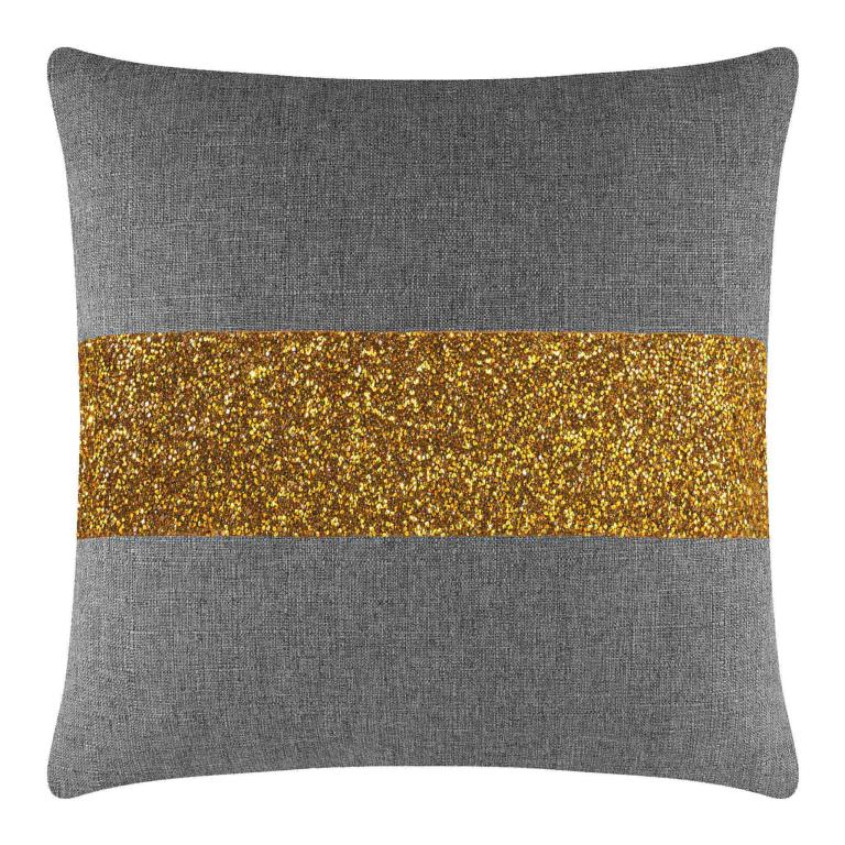 Gray woven pillow with a gold rhinestone stripe square shape plush texture and a smooth finish.