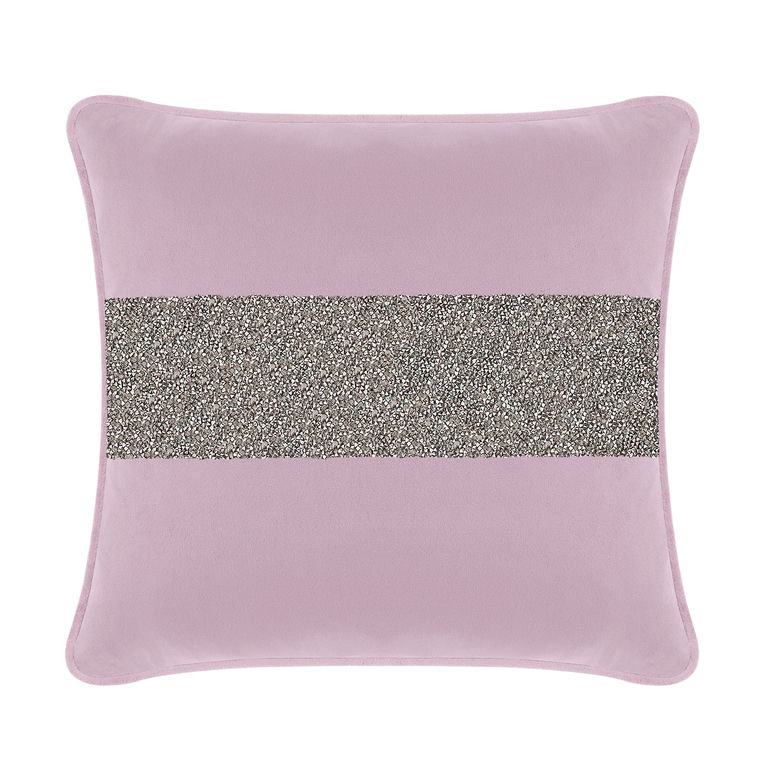 Lavender velvet pillow with a central charcoal rhinestone stripe square shape and piped edges.
