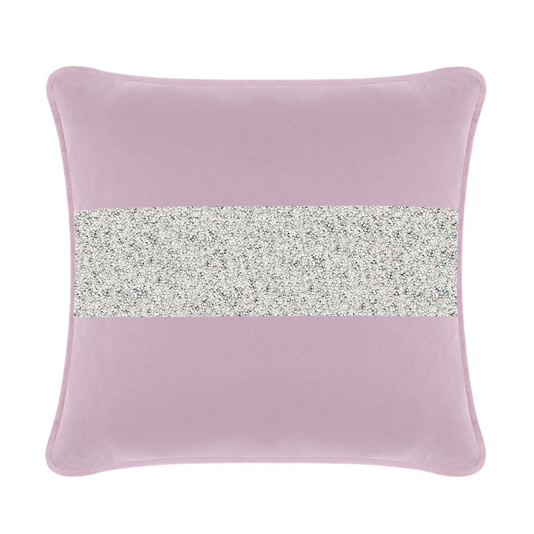 Lavender velvet pillow with a silver rhinestone stripe square shape soft texture and piped edges.