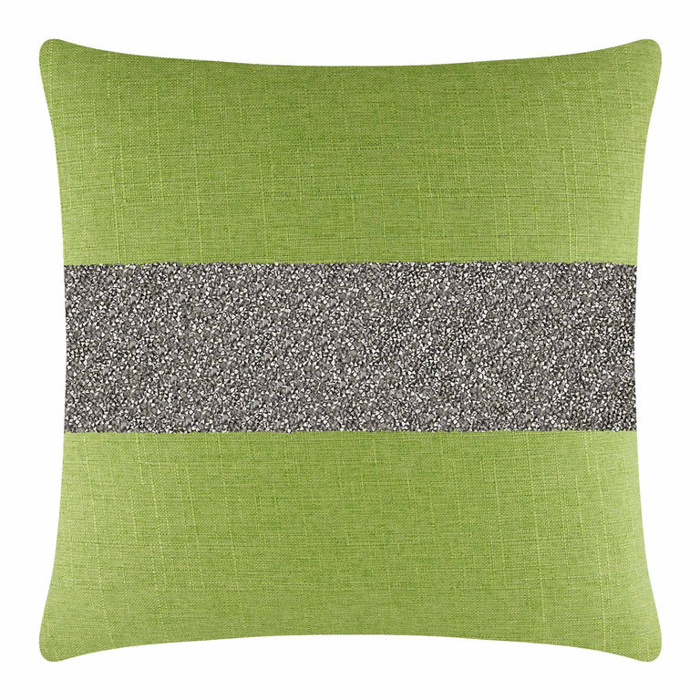 Lime green pillow with a textured charcoal rhinestone stripe square shape woven fabric and a feather insert.