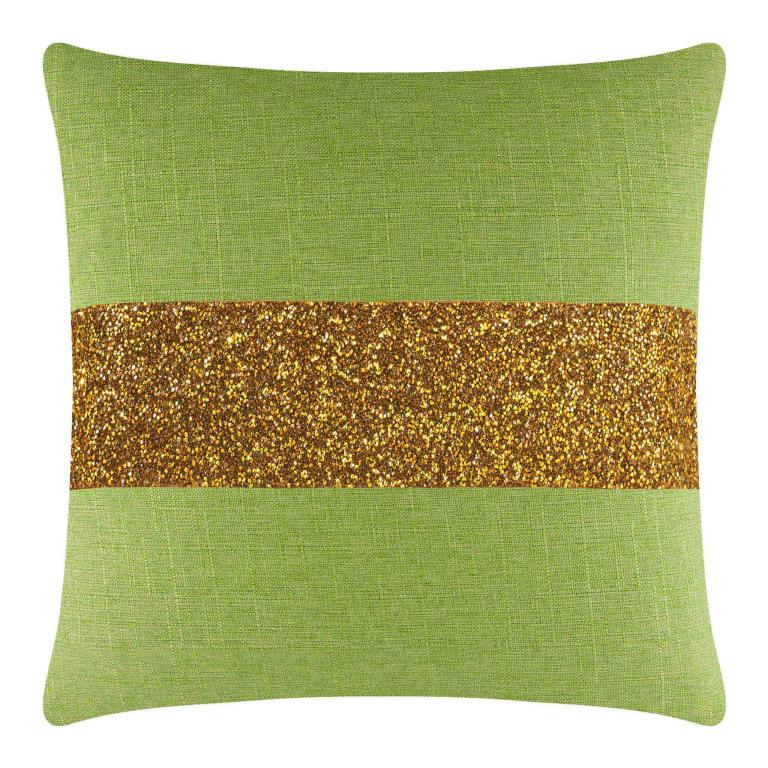 Lime green pillow with a gold glitter stripe made of woven fabric featuring a smooth texture and square shape.