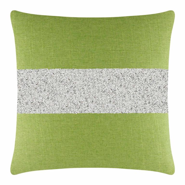 Lime green pillow with a textured surface and a silver rhinestone stripe across the center.