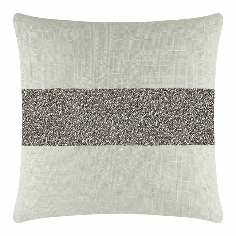 Square&#x20;pillow&#x20;in&#x20;light&#x20;green&#x20;linen&#x20;with&#x20;a&#x20;wide&#x20;charcoal&#x20;rhinestone&#x20;stripe&#x20;across&#x20;the&#x20;center.