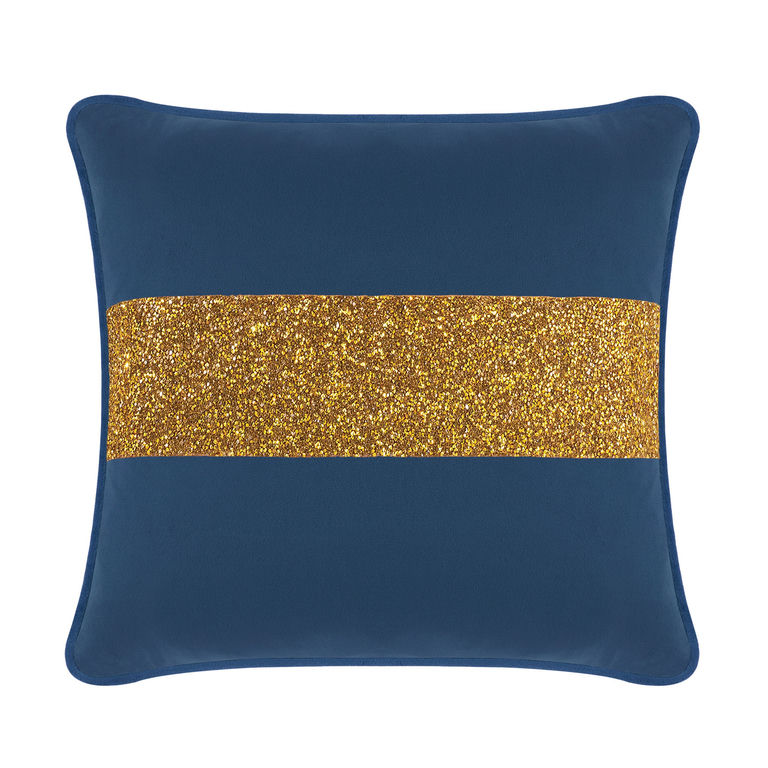 Navy velvet pillow with a gold glitter stripe square shape plush texture and contrasting smooth edges.