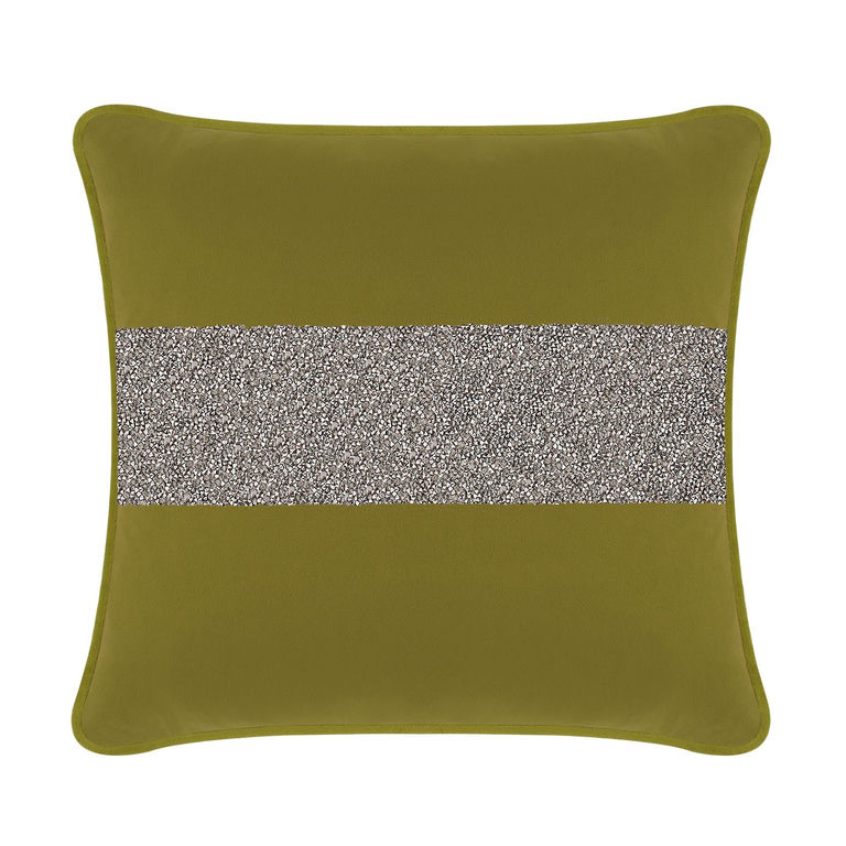 Olive green velvet pillow with a wide silver rhinestone stripe across the center square shape soft texture.