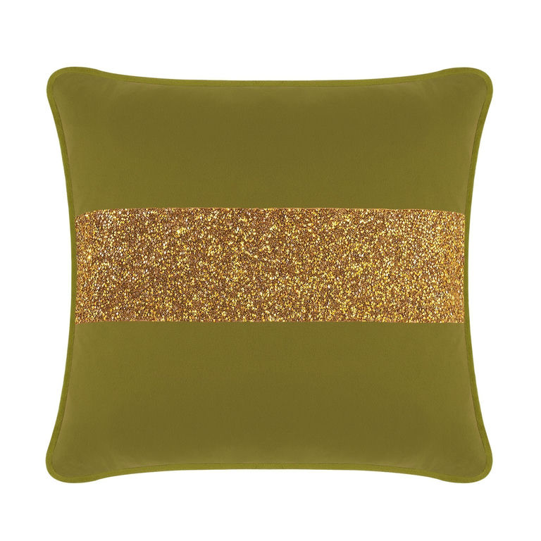 Olive velvet pillow with a gold rhinestone stripe square shape soft texture and rounded edges.