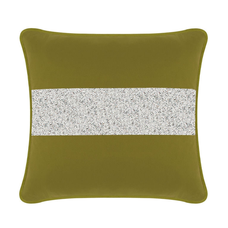 Olive velvet pillow with a silver rhinestone stripe square shape smooth texture and piped edges.