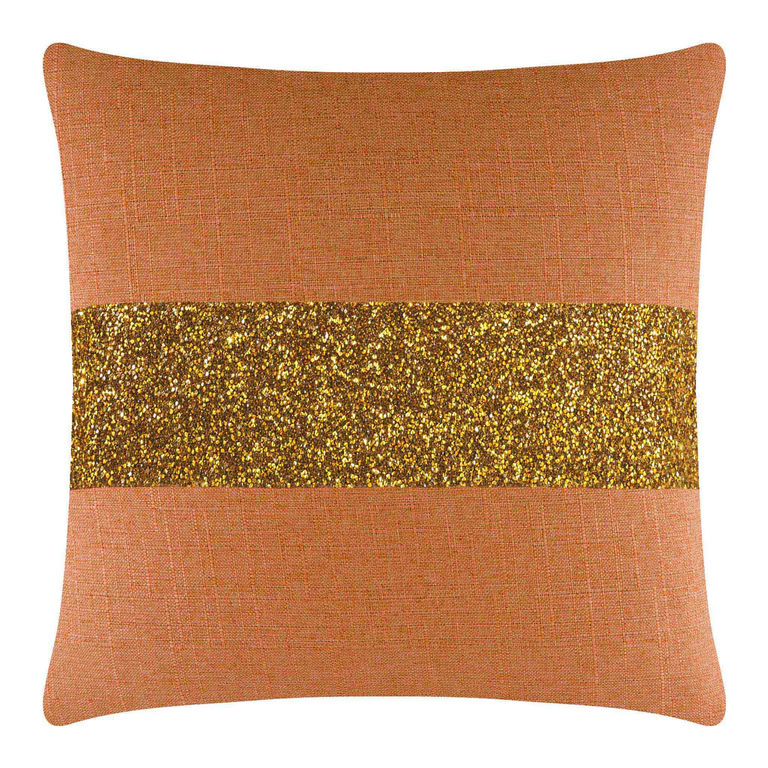 Square orange pillow with a textured fabric featuring a horizontal gold rhinestone stripe across the center.