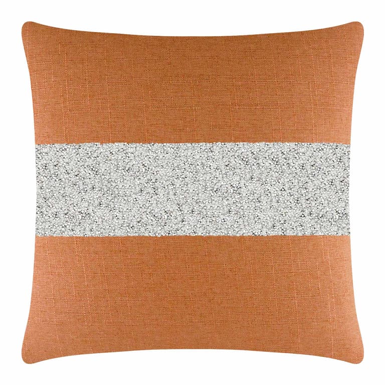 Orange woven pillow with a silver rhinestone stripe square shape textured surface and feather insert.