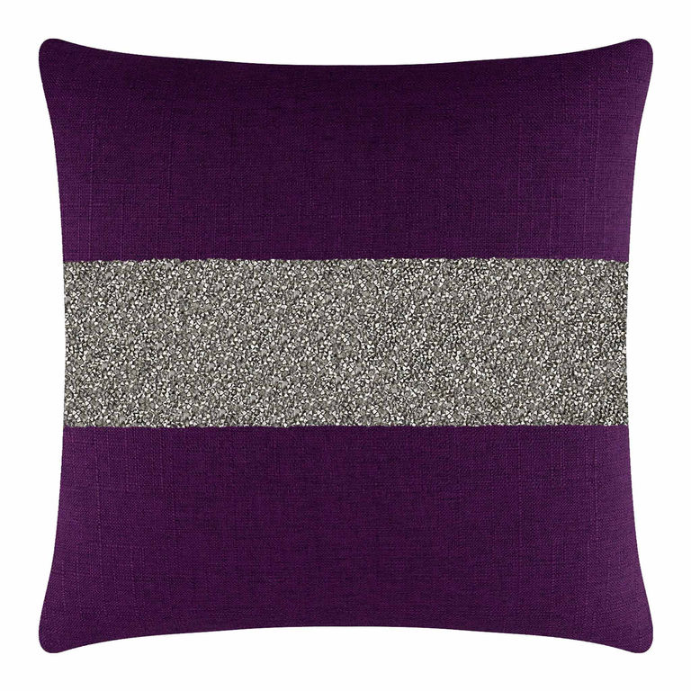 Purple pillow with a textured woven surface featuring a wide silver rhinestone stripe across the center.