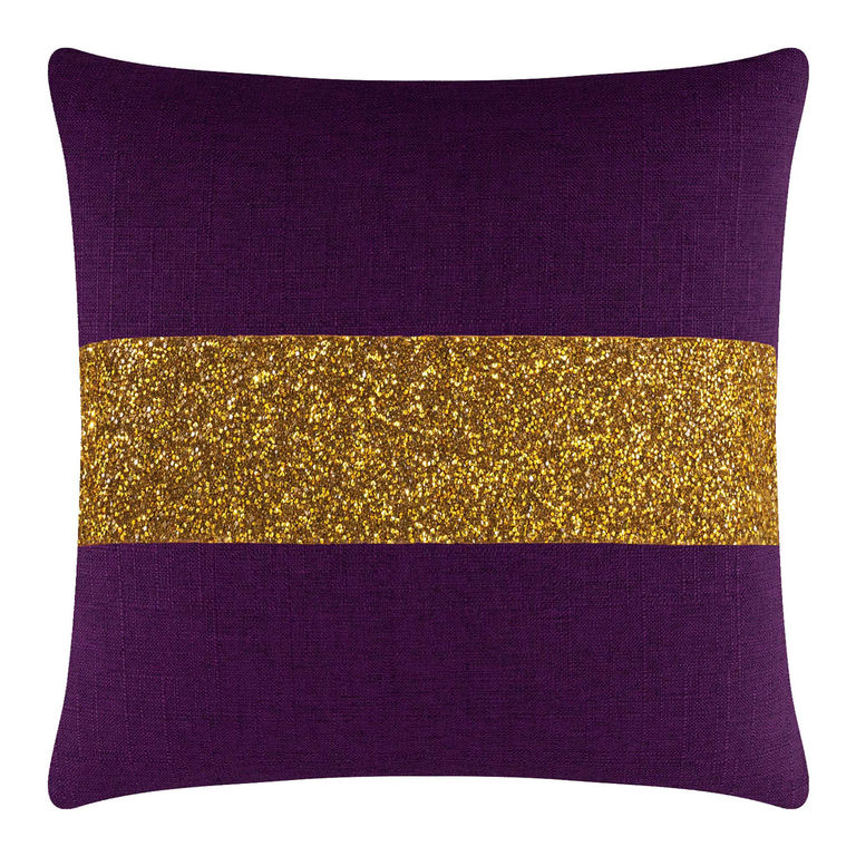 Purple pillow with a gold glitter stripe made of woven fabric featuring a smooth texture and a square shape.
