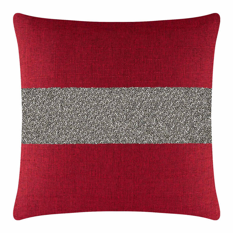 Red&#x20;square&#x20;pillow&#x20;with&#x20;a&#x20;textured&#x20;charcoal&#x20;rhinestone&#x20;stripe&#x20;across&#x20;the&#x20;center&#x20;made&#x20;of&#x20;woven&#x20;fabric.