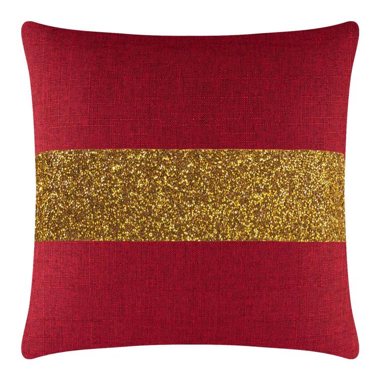 Red woven pillow featuring a gold glitter stripe square shape with a textured finish and plush insert.