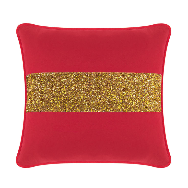Red velvet pillow with a wide gold glitter stripe square shape plush texture and piped edges.