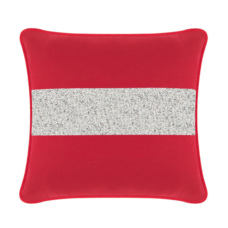 Red velvet pillow with a horizontal silver rhinestone stripe square shape soft texture and piped edges.