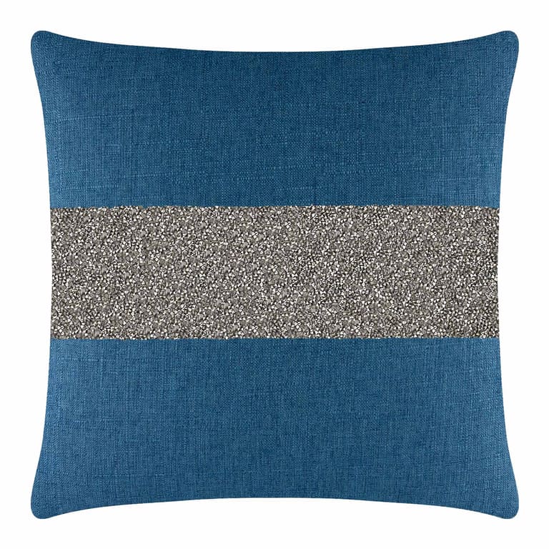 Square pillow with a royal blue woven fabric and a wide silver rhinestone stripe in the center.
