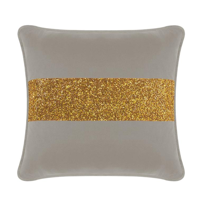 Silver velvet pillow with a gold glitter stripe square shape plush texture and contrasting trim along the edges.