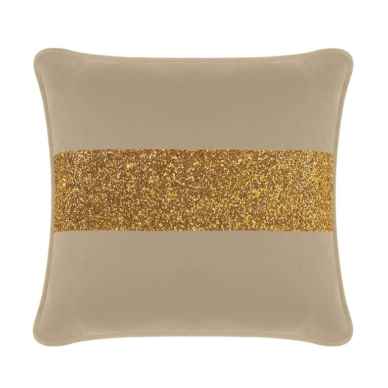 Taupe velvet pillow with a gold rhinestone stripe square shape soft texture and piped edges.