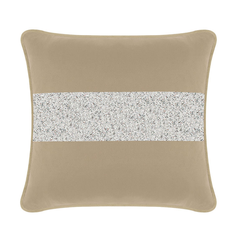 Taupe velvet pillow with a silver rhinestone stripe square shape soft texture and rounded corners.
