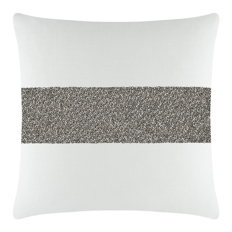 White&#x20;pillow&#x20;with&#x20;a&#x20;textured&#x20;surface&#x20;and&#x20;a&#x20;charcoal&#x20;rhinestone&#x20;stripe&#x20;across&#x20;the&#x20;center.