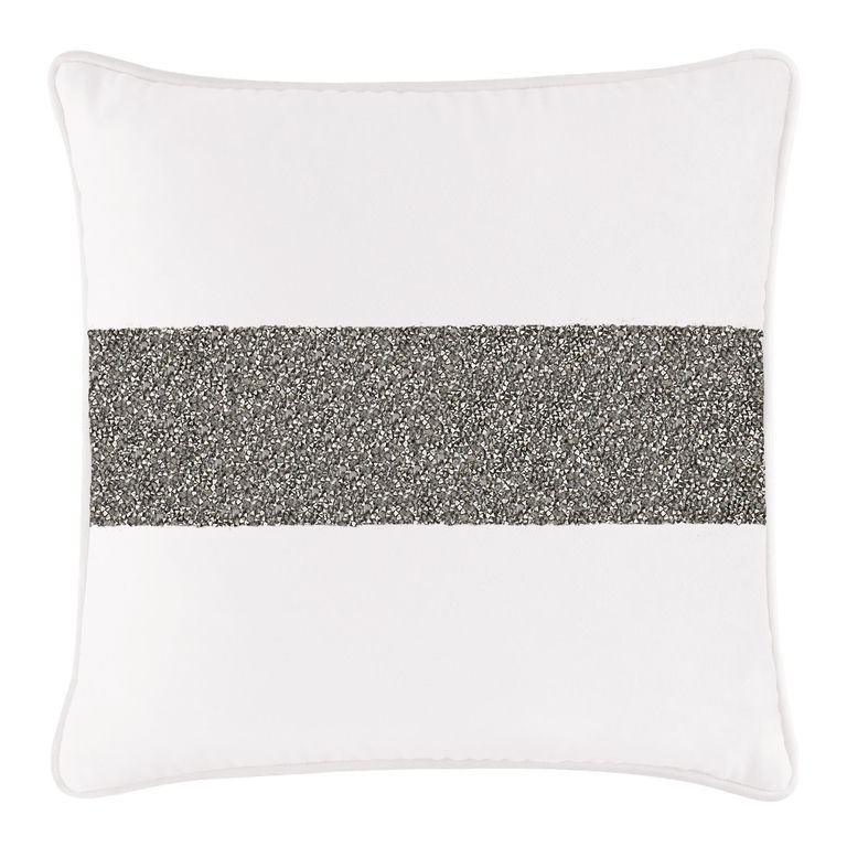 White&#x20;velvet&#x20;pillow&#x20;with&#x20;a&#x20;wide&#x20;charcoal&#x20;rhinestone&#x20;stripe&#x20;square&#x20;shape&#x20;and&#x20;piped&#x20;edges.
