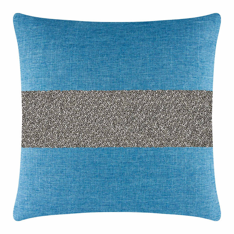 Aqua pillow with a charcoal rhinestone stripe on woven fabric square shape textured surface and clean edges.