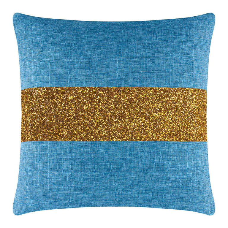 Aqua woven pillow with a gold rhinestone stripe square shape textured fabric 20x20 inches.
