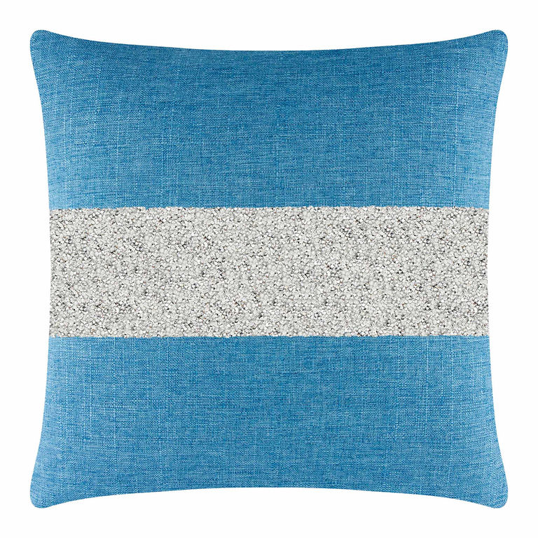 Aqua pillow with a silver rhinestone stripe on woven fabric square shape textured surface 20x20 inches.