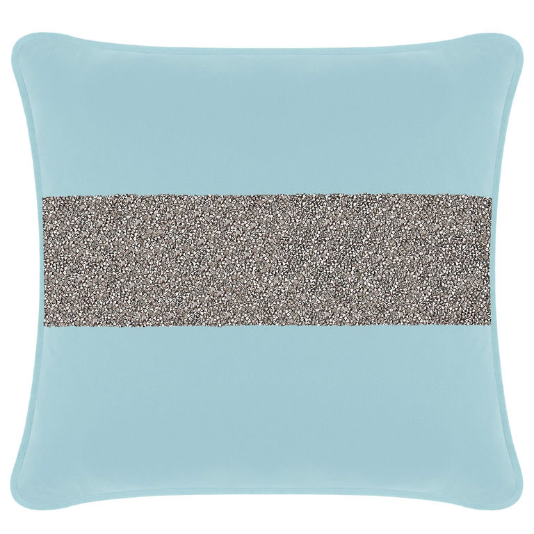 Aqua velvet pillow with a horizontal charcoal rhinestone stripe square shape soft texture and piped edges.