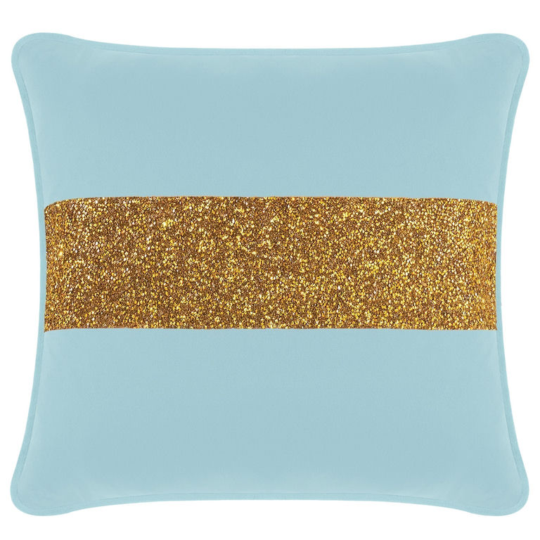 Aqua velvet pillow with a gold glitter rhinestone stripe square shape soft texture and rounded corners.