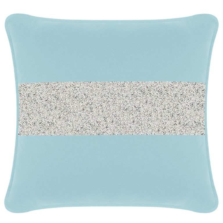 Aqua velvet pillow featuring a silver rhinestone stripe square shape and soft texture measuring 20x20 inches.