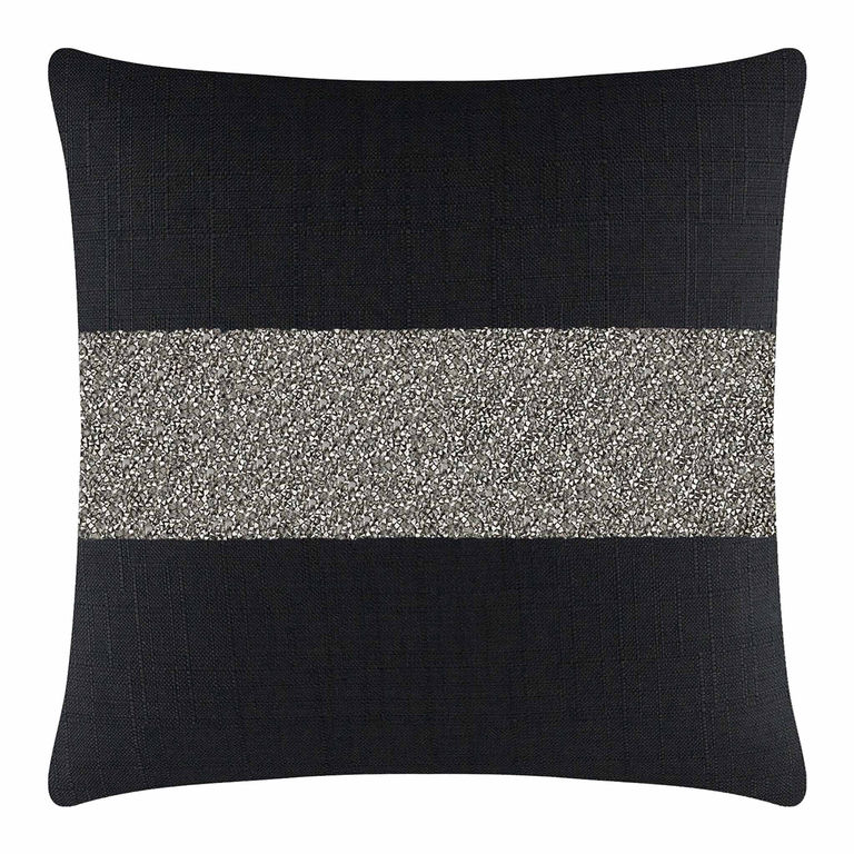 Black woven pillow with a textured charcoal rhinestone stripe across the center featuring rounded corners and a plush appearance.
