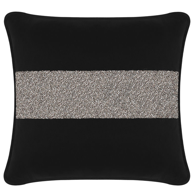 Black velvet pillow with a wide rhinestone stripe in the center featuring a smooth texture and square shape.