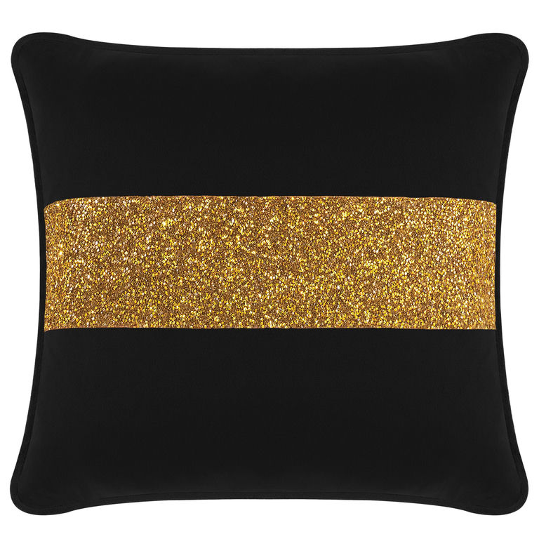Black&#x20;velvet&#x20;pillow&#x20;featuring&#x20;a&#x20;gold&#x20;glitter&#x20;stripe&#x20;across&#x20;the&#x20;center&#x20;with&#x20;a&#x20;plush&#x20;soft&#x20;texture.