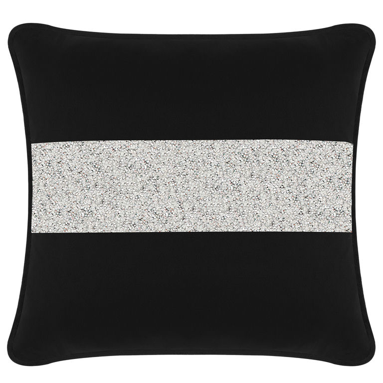Black&#x20;velvet&#x20;pillow&#x20;featuring&#x20;a&#x20;wide&#x20;silver&#x20;rhinestone&#x20;stripe&#x20;across&#x20;the&#x20;center&#x20;square&#x20;shape&#x20;soft&#x20;texture.