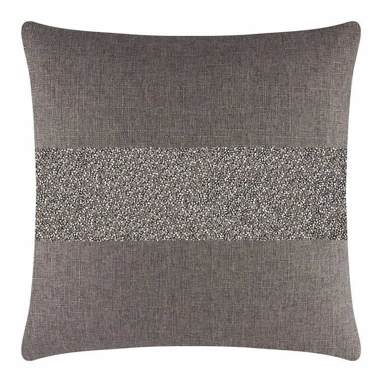 Square&#x20;pillow&#x20;with&#x20;a&#x20;brown&#x20;woven&#x20;fabric&#x20;and&#x20;a&#x20;charcoal&#x20;rhinestone&#x20;stripe&#x20;across&#x20;the&#x20;center.