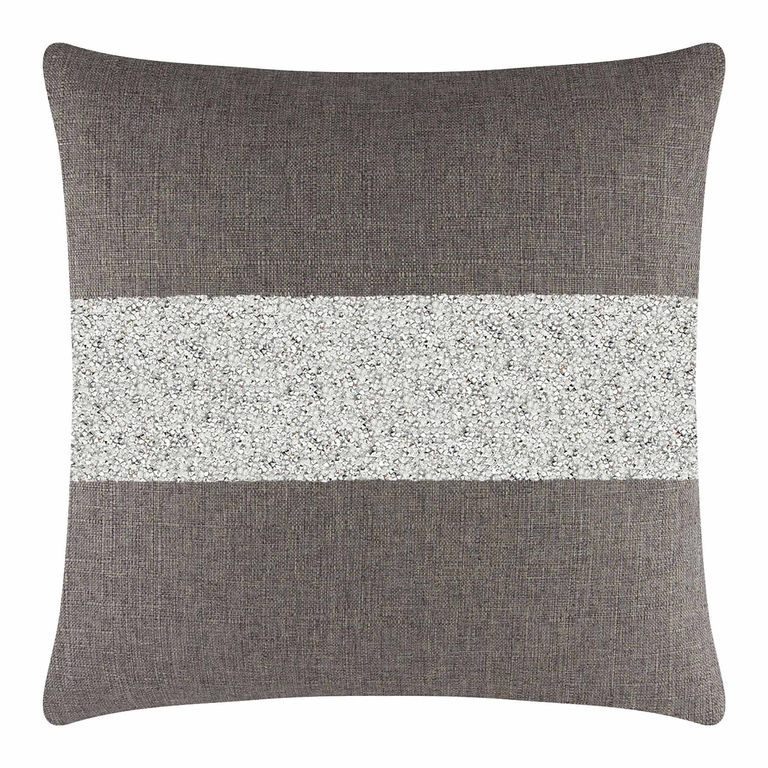 Square&#x20;brown&#x20;pillow&#x20;with&#x20;a&#x20;textured&#x20;fabric&#x20;featuring&#x20;a&#x20;wide&#x20;silver&#x20;rhinestone&#x20;stripe&#x20;across&#x20;the&#x20;center.