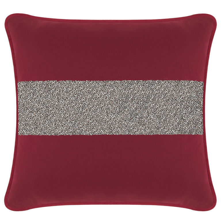 Burgundy velvet pillow with a wide silver rhinestone stripe square shape soft texture and piped edges.