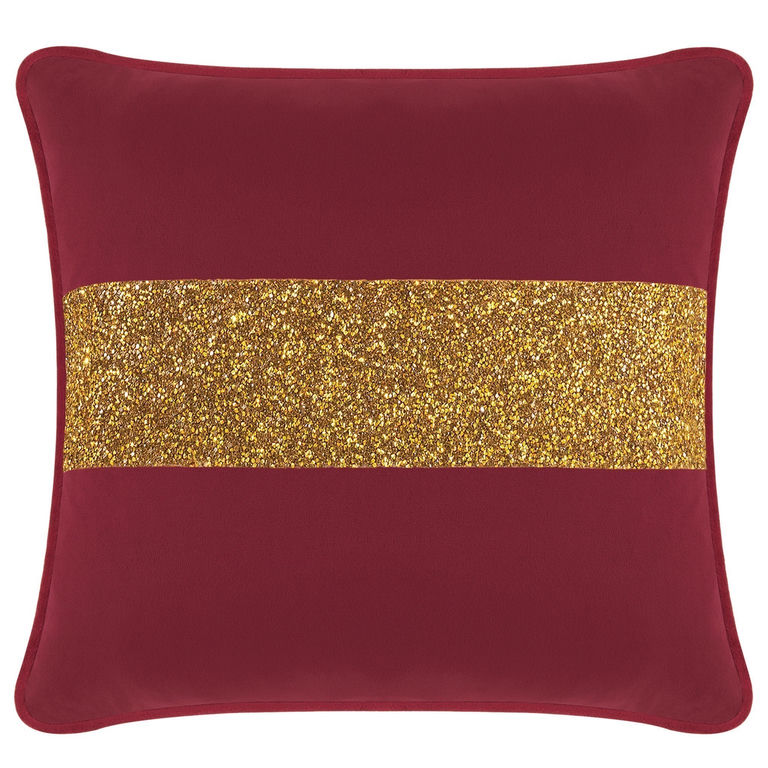 Burgundy velvet pillow with a gold glitter stripe square shape smooth texture and piped edges.