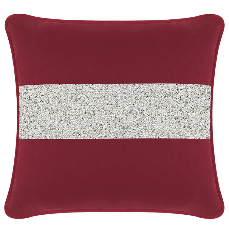 Burgundy velvet pillow with a silver rhinestone stripe in the center square shape soft texture 20x20 inches.