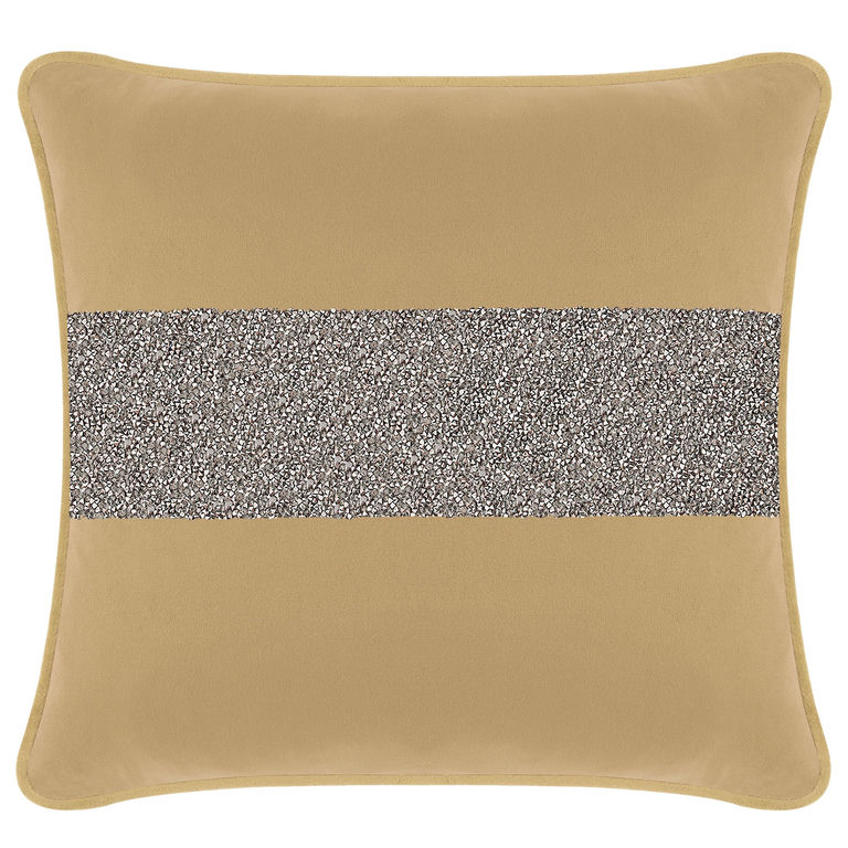 Champagne velvet pillow with a charcoal rhinestone stripe and a soft texture featuring a piped edge and square shape.